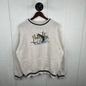 Vintage 90's Embroidered Shenandoah Bass Fish Cable Knit Sweater Size Large